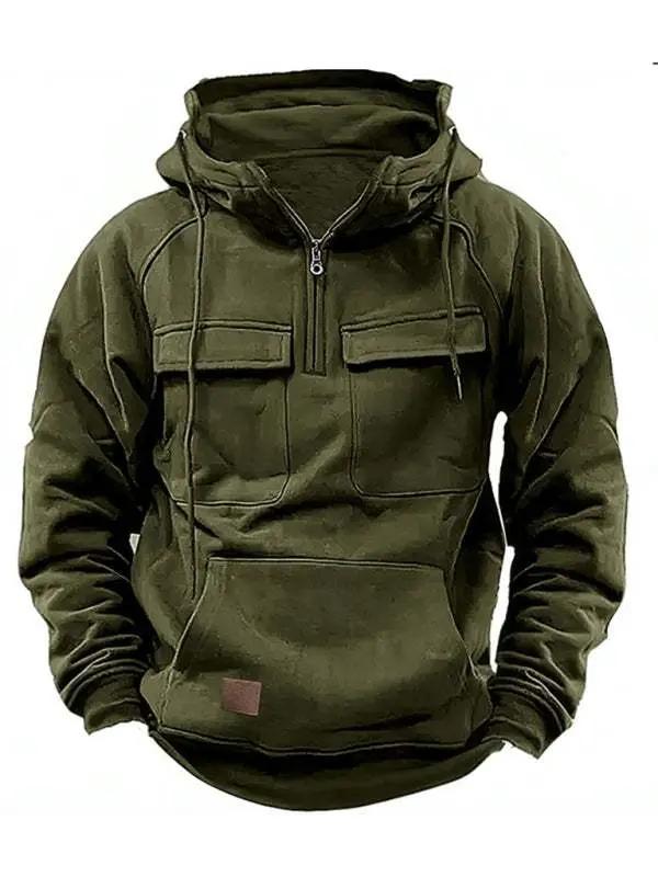 Men's solid color hooded sports multi-pocket sweatshirt jacket - MENLL